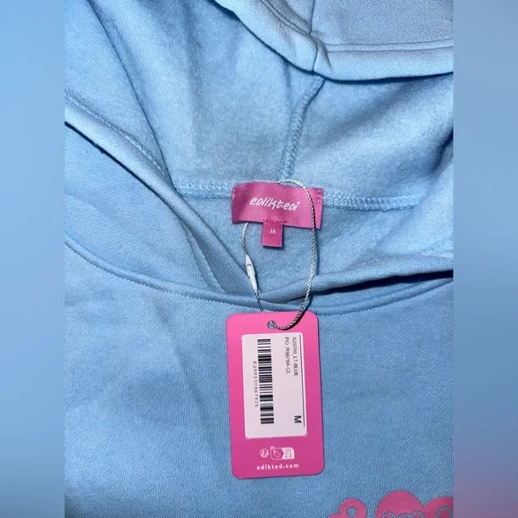 Edikted Light Blue Hoodie with Pink Heart Script Front Back - NWT Medium - Picture 4 of 5